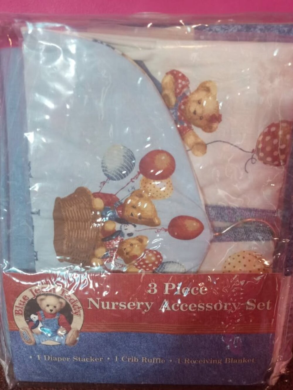 Blue Jean Teddy Baby Nursery 3 Piece Accessory Set Blanket Crib Ruffle Diaper